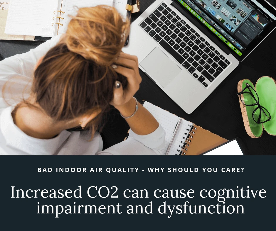 Person working at a desk beneath a graphic about indoor CO2 and cognition