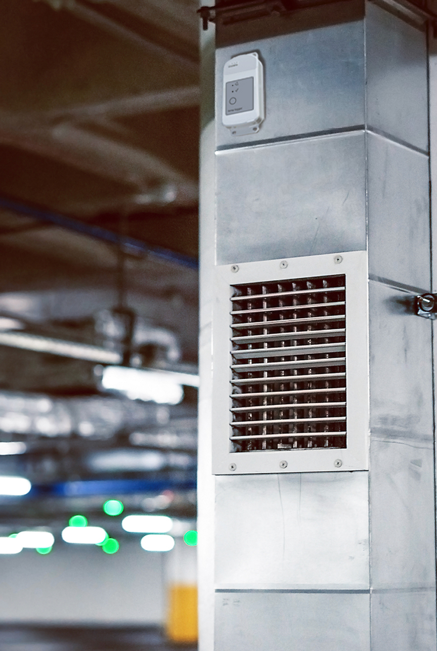 MX2305 temperature data logger monitors temperature near HVAC unit in parking garage