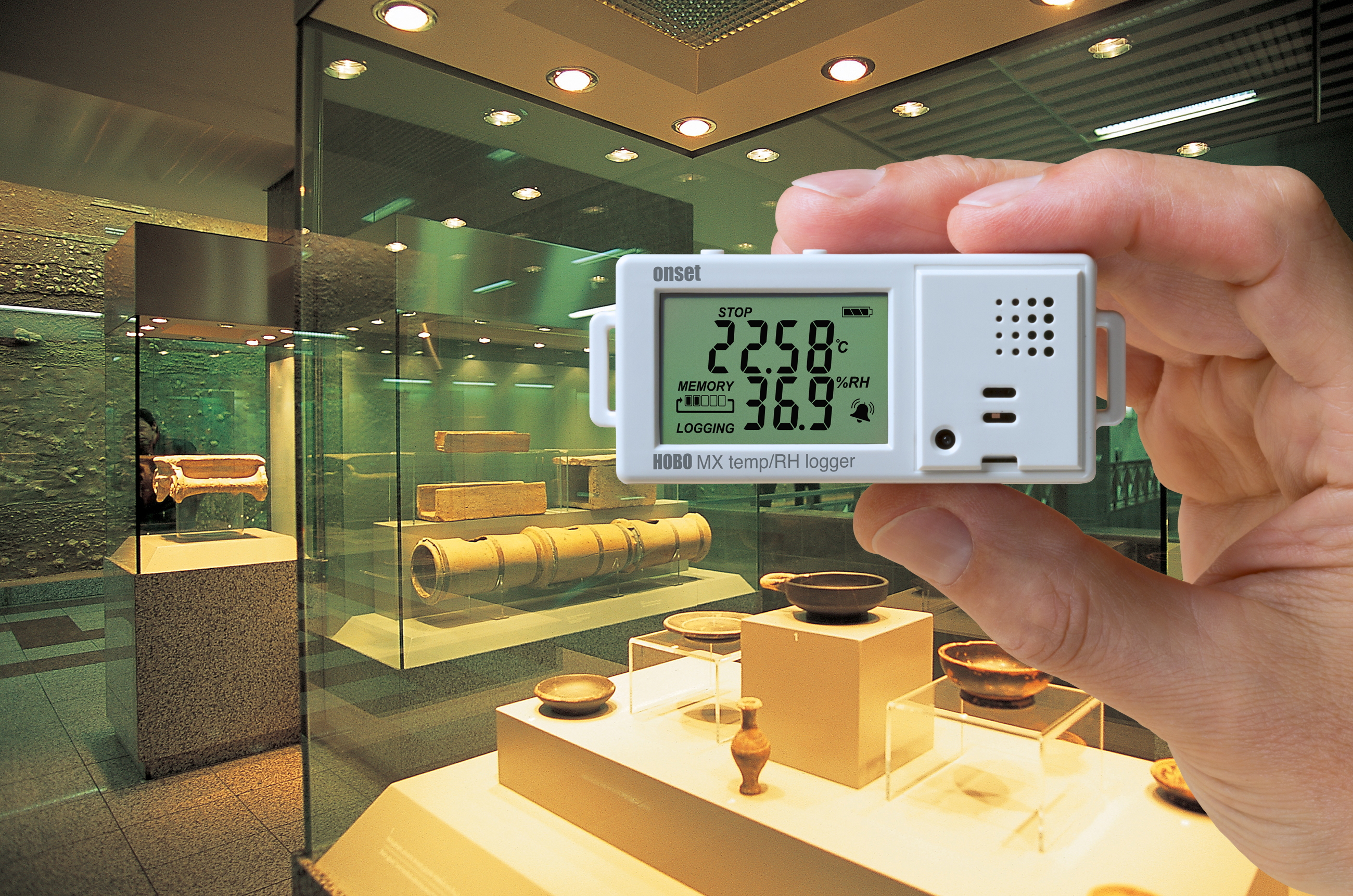HOBO MX1101 data logger used for environmental monitoring in a museum collection